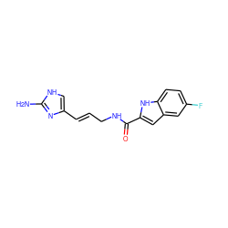 Nc1nc(/C=C/CNC(=O)c2cc3cc(F)ccc3[nH]2)c[nH]1 ZINC000169341714