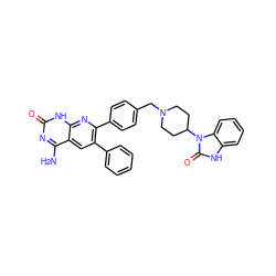 Nc1nc(=O)[nH]c2nc(-c3ccc(CN4CCC(n5c(=O)[nH]c6ccccc65)CC4)cc3)c(-c3ccccc3)cc12 ZINC000029126829