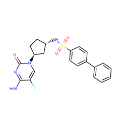 Nc1nc(=O)n([C@H]2CC[C@H](NS(=O)(=O)c3ccc(-c4ccccc4)cc3)C2)cc1F ZINC000049036646