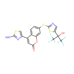 Nc1nc(-c2cc(=O)oc3cc(Sc4ncc(C(O)(C(F)(F)F)C(F)(F)F)s4)ccc23)cs1 ZINC000064549149