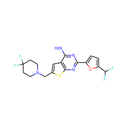 Nc1nc(-c2ccc(C(F)F)o2)nc2sc(CN3CCC(F)(F)CC3)cc12 ZINC000118588833