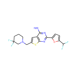 Nc1nc(-c2ccc(C(F)F)o2)nc2sc(CN3CCCC(F)(F)C3)cc12 ZINC000118605919