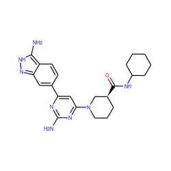 Nc1nc(-c2ccc3c(N)[nH]nc3c2)cc(N2CCC[C@H](C(=O)NC3CCCCC3)C2)n1 ZINC000071318473