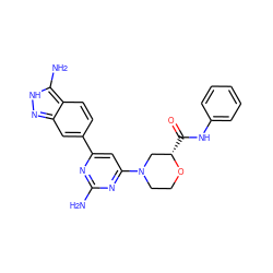 Nc1nc(-c2ccc3c(N)[nH]nc3c2)cc(N2CCO[C@@H](C(=O)Nc3ccccc3)C2)n1 ZINC000071318801