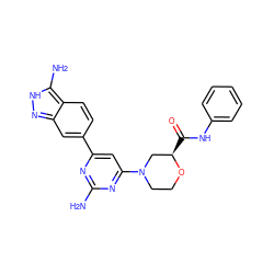 Nc1nc(-c2ccc3c(N)[nH]nc3c2)cc(N2CCO[C@H](C(=O)Nc3ccccc3)C2)n1 ZINC000064502324