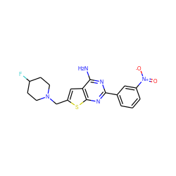 Nc1nc(-c2cccc([N+](=O)[O-])c2)nc2sc(CN3CCC(F)CC3)cc12 ZINC000169321258