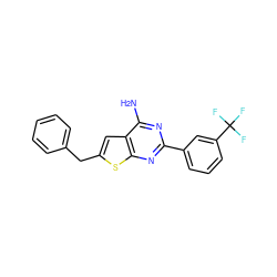 Nc1nc(-c2cccc(C(F)(F)F)c2)nc2sc(Cc3ccccc3)cc12 ZINC000096907789