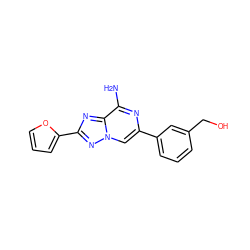 Nc1nc(-c2cccc(CO)c2)cn2nc(-c3ccco3)nc12 ZINC000028525847