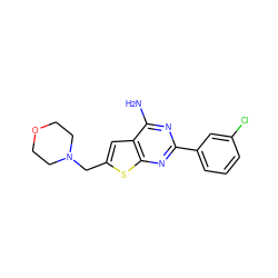 Nc1nc(-c2cccc(Cl)c2)nc2sc(CN3CCOCC3)cc12 ZINC000118595878