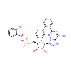 Nc1nc(-c2ccccc2-c2ccccc2)nc2c1[nH]c[n+]2[C@@H]1O[C@H](COS(=O)(=O)NC(=O)c2ccccc2O)[C@@H](O)[C@H]1O ZINC000377814550