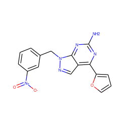 Nc1nc(-c2ccco2)c2cnn(Cc3cccc([N+](=O)[O-])c3)c2n1 ZINC000029046782