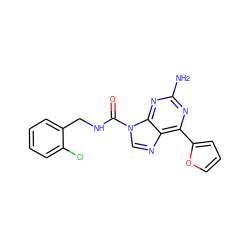 Nc1nc(-c2ccco2)c2ncn(C(=O)NCc3ccccc3Cl)c2n1 ZINC000000596605