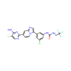 Nc1nc(-c2ccn3c(-c4cc(Cl)cc(NC(=O)NCC(F)(F)F)c4)cnc3c2)ncc1F ZINC000169704746