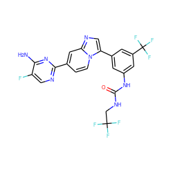 Nc1nc(-c2ccn3c(-c4cc(NC(=O)NCC(F)(F)F)cc(C(F)(F)F)c4)cnc3c2)ncc1F ZINC000139670944