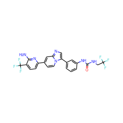 Nc1nc(-c2ccn3c(-c4cccc(NC(=O)NCC(F)(F)F)c4)cnc3c2)ccc1C(F)(F)F ZINC000169704692