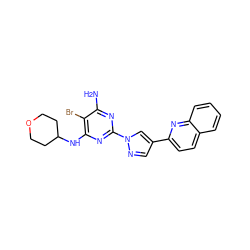 Nc1nc(-n2cc(-c3ccc4ccccc4n3)cn2)nc(NC2CCOCC2)c1Br ZINC000217088714