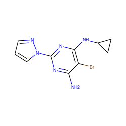 Nc1nc(-n2cccn2)nc(NC2CC2)c1Br ZINC000072317393