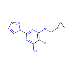 Nc1nc(-n2cncn2)nc(NCC2CC2)c1Br ZINC000217109548