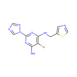 Nc1nc(-n2cncn2)nc(NCc2cncs2)c1Br ZINC000217105039