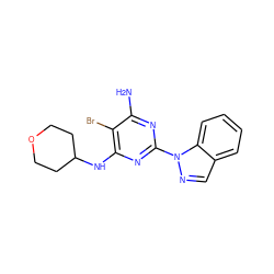 Nc1nc(-n2ncc3ccccc32)nc(NC2CCOCC2)c1Br ZINC000217073584