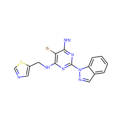Nc1nc(-n2ncc3ccccc32)nc(NCc2cncs2)c1Br ZINC000217073658