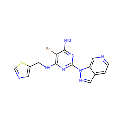 Nc1nc(-n2ncc3ccncc32)nc(NCc2cncs2)c1Br ZINC000211886503