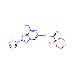 Nc1nc(C#C[C@@H](O)C2(O)CCCCC2)cn2nc(-c3ccco3)nc12 ZINC000028356143