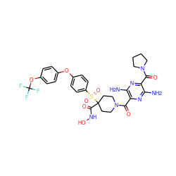 Nc1nc(C(=O)N2CCC(C(=O)NO)(S(=O)(=O)c3ccc(Oc4ccc(OC(F)(F)F)cc4)cc3)CC2)c(N)nc1C(=O)N1CCCC1 ZINC000096933016