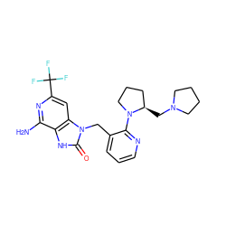 Nc1nc(C(F)(F)F)cc2c1[nH]c(=O)n2Cc1cccnc1N1CCC[C@H]1CN1CCCC1 ZINC000072123051