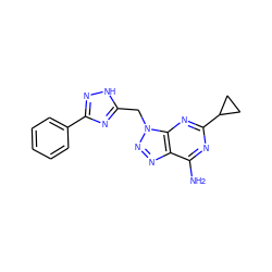 Nc1nc(C2CC2)nc2c1nnn2Cc1nc(-c2ccccc2)n[nH]1 ZINC000084688056