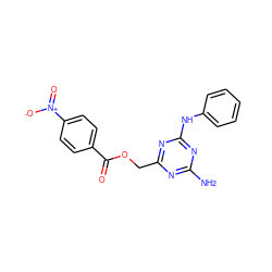 Nc1nc(COC(=O)c2ccc([N+](=O)[O-])cc2)nc(Nc2ccccc2)n1 ZINC000005259235