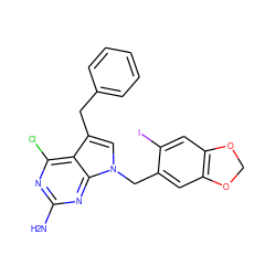 Nc1nc(Cl)c2c(Cc3ccccc3)cn(Cc3cc4c(cc3I)OCO4)c2n1 ZINC001772579037