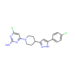 Nc1nc(Cl)cc(N2CCC(c3cc(-c4ccc(Cl)cc4)[nH]n3)CC2)n1 ZINC000015974430