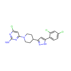 Nc1nc(Cl)cc(N2CCC(c3cc(-c4ccc(Cl)cc4Cl)[nH]n3)CC2)n1 ZINC000013136500