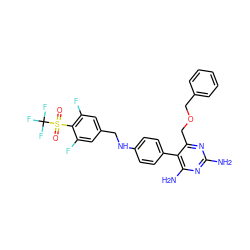 Nc1nc(N)c(-c2ccc(NCc3cc(F)c(S(=O)(=O)C(F)(F)F)c(F)c3)cc2)c(COCc2ccccc2)n1 ZINC000028571614