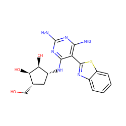 Nc1nc(N)c(-c2nc3ccccc3s2)c(N[C@@H]2C[C@H](CO)[C@@H](O)[C@H]2O)n1 ZINC000299867071