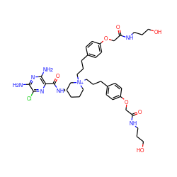 Nc1nc(N)c(C(=O)N[C@H]2CCC[N+](CCCc3ccc(OCC(=O)NCCCO)cc3)(CCCc3ccc(OCC(=O)NCCCO)cc3)C2)nc1Cl ZINC000473134978