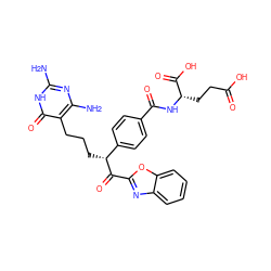 Nc1nc(N)c(CCC[C@@H](C(=O)c2nc3ccccc3o2)c2ccc(C(=O)N[C@@H](CCC(=O)O)C(=O)O)cc2)c(=O)[nH]1 ZINC000029125274