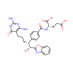 Nc1nc(N)c(CCC[C@H](c2ccc(C(=O)N[C@@H](CCC(=O)O)C(=O)O)cc2)[C@@H](O)c2nc3ccccc3o2)c(=O)[nH]1 ZINC000029125216