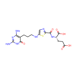 Nc1nc(N)c(CCCNc2cnc(C(=O)N[C@@H](CCC(=O)O)C(=O)O)s2)c(=O)[nH]1 ZINC000013737687