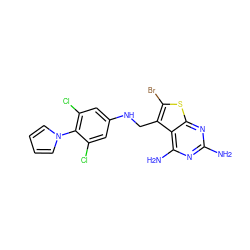 Nc1nc(N)c2c(CNc3cc(Cl)c(-n4cccc4)c(Cl)c3)c(Br)sc2n1 ZINC000013606487