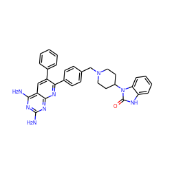 Nc1nc(N)c2cc(-c3ccccc3)c(-c3ccc(CN4CCC(n5c(=O)[nH]c6ccccc65)CC4)cc3)nc2n1 ZINC000003917937