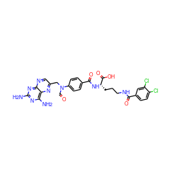 Nc1nc(N)c2nc(CN(C=O)c3ccc(C(=O)N[C@@H](CCCNC(=O)c4ccc(Cl)c(Cl)c4)C(=O)O)cc3)cnc2n1 ZINC000028764093