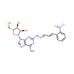 Nc1nc(N/N=C/C=C/c2ccccc2[N+](=O)[O-])nc2c1ncn2[C@@H]1O[C@H](CO)[C@@H](O)[C@H]1O ZINC000012405891