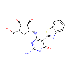 Nc1nc(N[C@@H]2C[C@H](CO)[C@@H](O)[C@H]2O)c(-c2nc3ccccc3s2)c(=O)[nH]1 ZINC001772613538