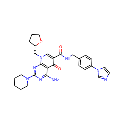 Nc1nc(N2CCCCC2)nc2c1c(=O)c(C(=O)NCc1ccc(-n3ccnc3)cc1)cn2C[C@@H]1CCCO1 ZINC000040428715