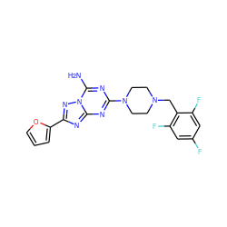 Nc1nc(N2CCN(Cc3c(F)cc(F)cc3F)CC2)nc2nc(-c3ccco3)nn12 ZINC000013581771