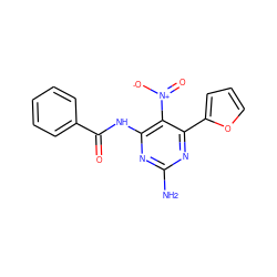 Nc1nc(NC(=O)c2ccccc2)c([N+](=O)[O-])c(-c2ccco2)n1 ZINC000042989213