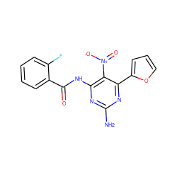 Nc1nc(NC(=O)c2ccccc2F)c([N+](=O)[O-])c(-c2ccco2)n1 ZINC000043120105