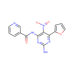 Nc1nc(NC(=O)c2cccnc2)c([N+](=O)[O-])c(-c2ccco2)n1 ZINC000043013455